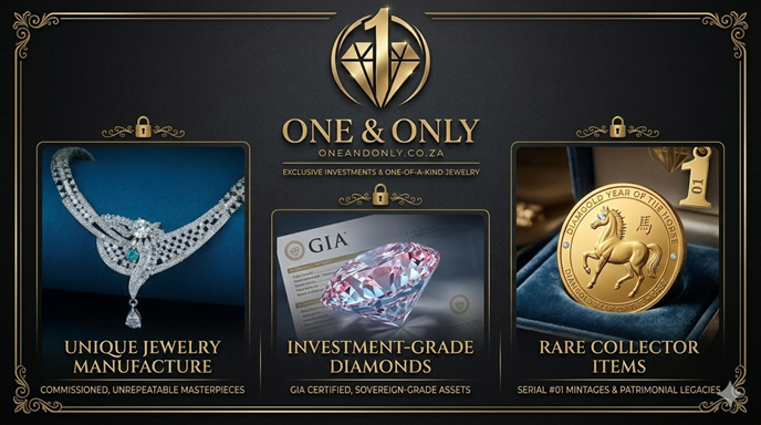 one and only exclusive auctions Rare Serial #01 Diamgold Year of the Horse gold coin with diamond eye, a singular numismatic asset and limited mintage collector item from oneandonly.co.za.